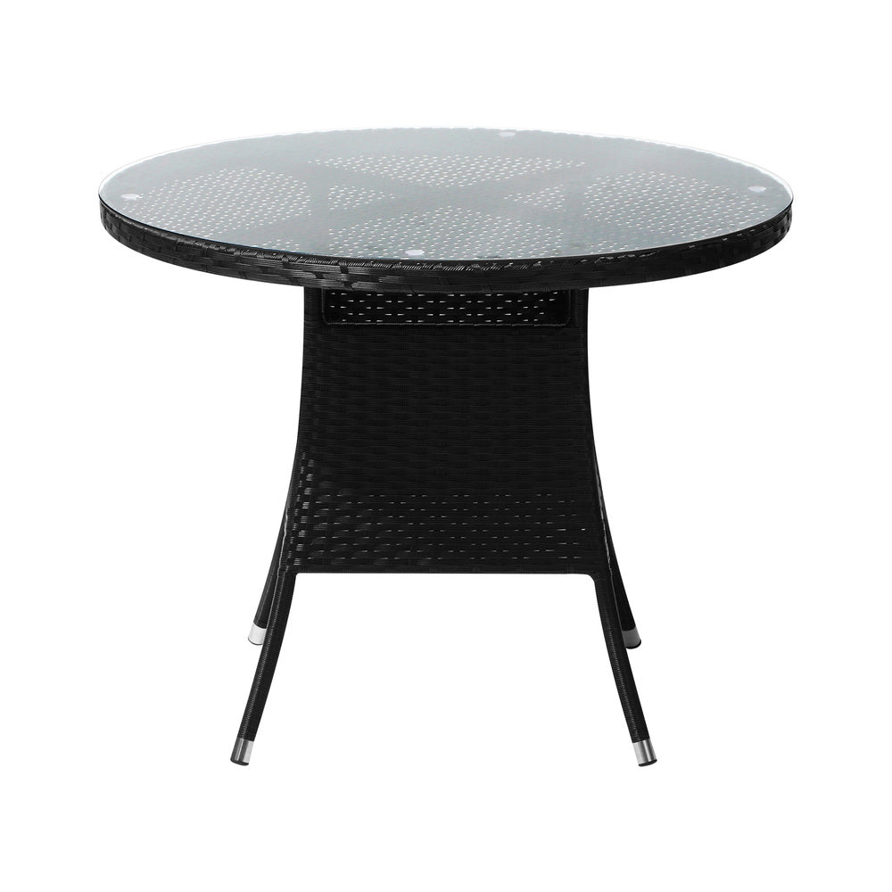 Livsip Outdoor Dining Table 90CM Round Rattan Glass Table Patio Furniture Black-Outdoor Dining Sets-PEROZ Accessories