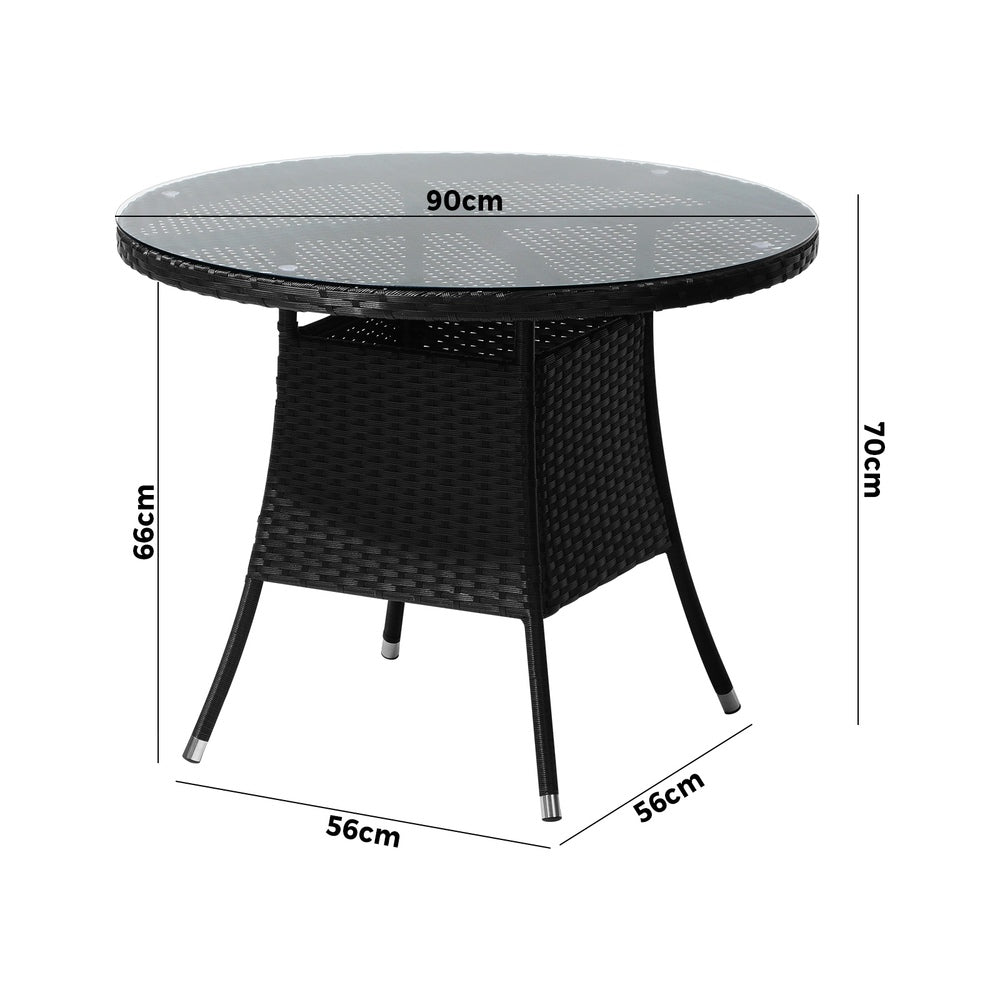 Livsip Outdoor Dining Table 90CM Round Rattan Glass Table Patio Furniture Black-Outdoor Dining Sets-PEROZ Accessories