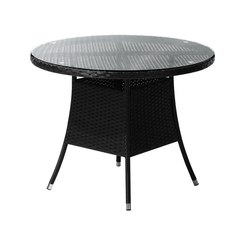 Livsip Outdoor Dining Table 90CM Round Rattan Glass Table Patio Furniture Black-Outdoor Dining Sets-PEROZ Accessories
