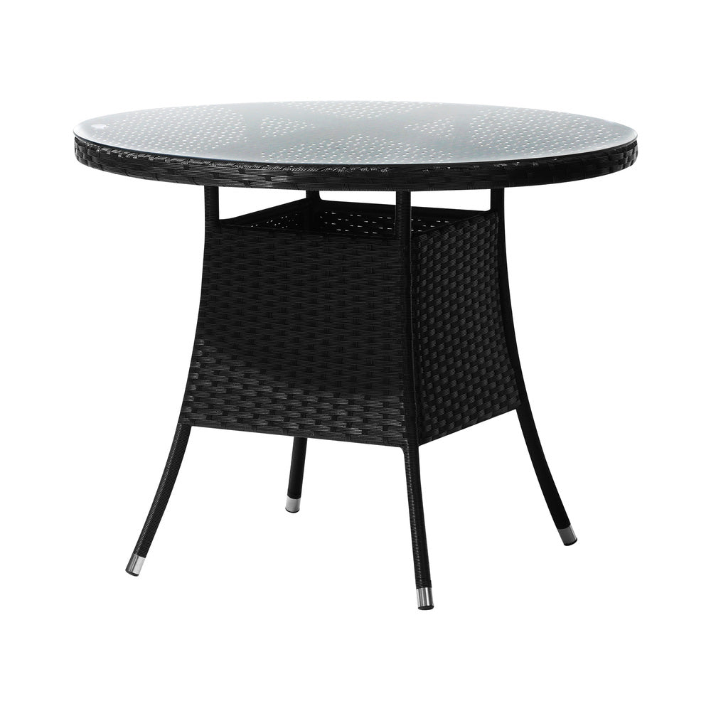 Livsip Outdoor Dining Table 90CM Round Rattan Glass Table Patio Furniture Black-Outdoor Dining Sets-PEROZ Accessories