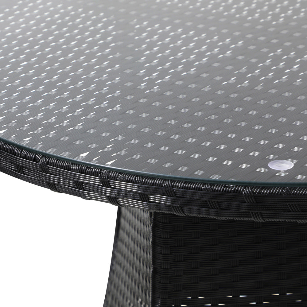 Livsip Outdoor Dining Table 90CM Round Rattan Glass Table Patio Furniture Black-Outdoor Dining Sets-PEROZ Accessories