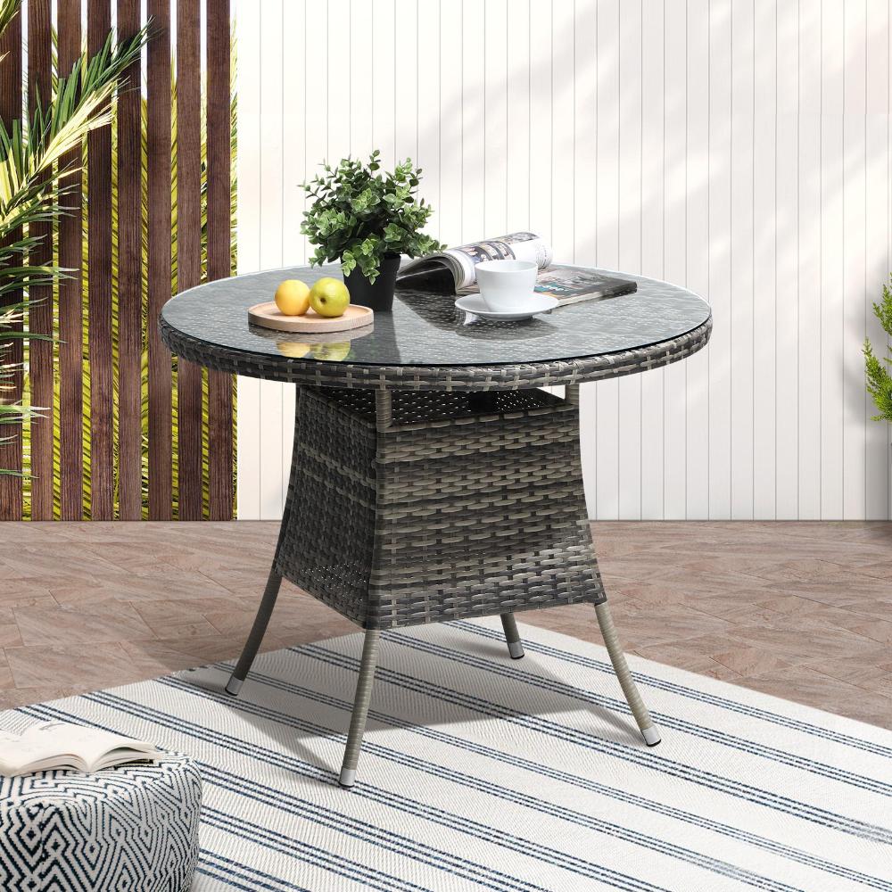 Livsip 90CM Outdoor Dining Table Round Rattan Glass Table Patio Furniture Grey-Outdoor Dining Sets-PEROZ Accessories