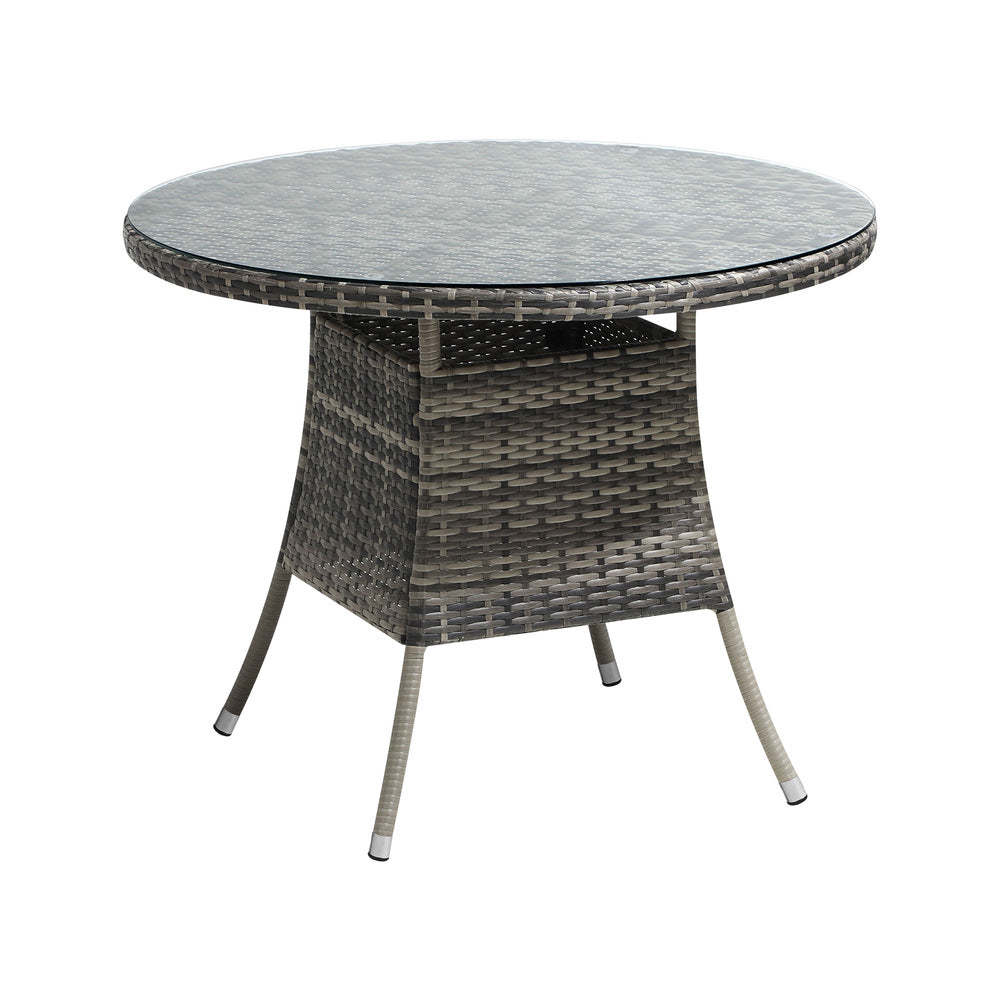 Livsip 90CM Outdoor Dining Table Round Rattan Glass Table Patio Furniture Grey-Outdoor Dining Sets-PEROZ Accessories