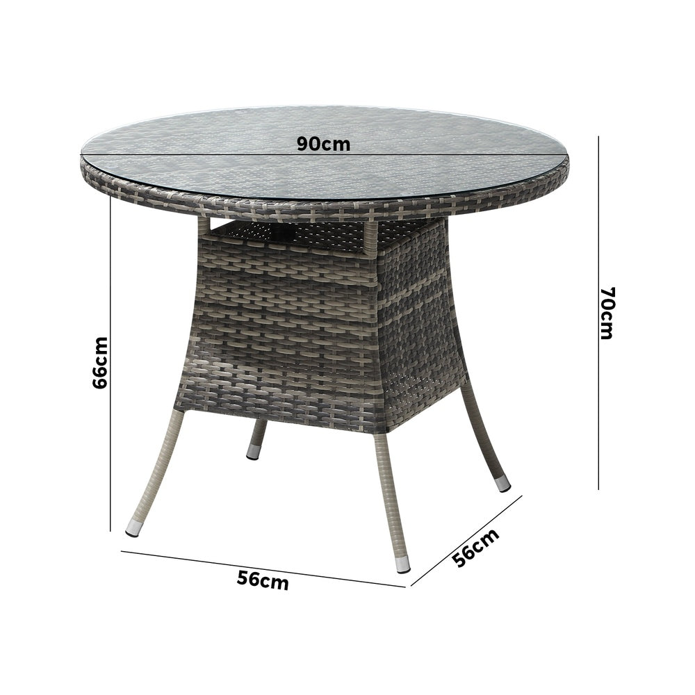 Livsip 90CM Outdoor Dining Table Round Rattan Glass Table Patio Furniture Grey-Outdoor Dining Sets-PEROZ Accessories