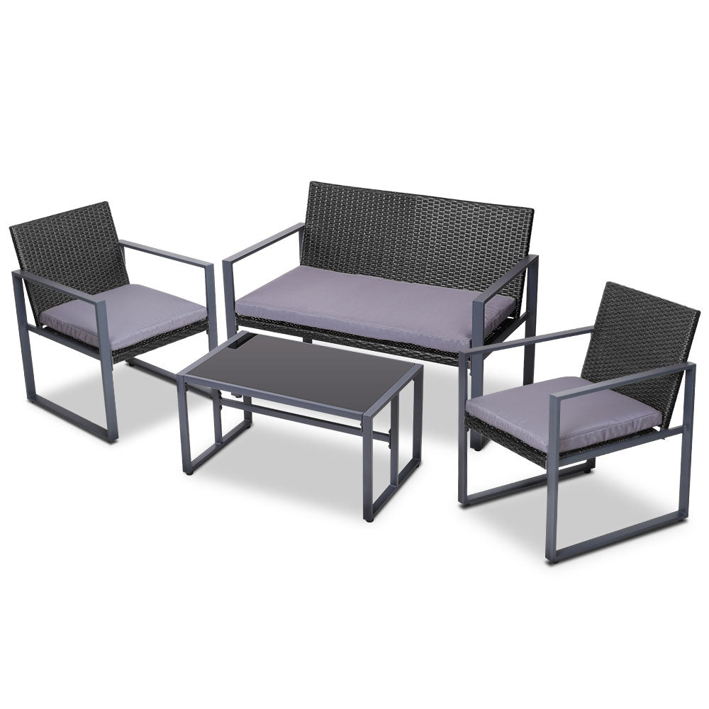 Gardeon 4 PCS Outdoor Sofa Set Rattan Furniture Glass Top Table Chairs Black-Outdoor Furniture Sets-PEROZ Accessories