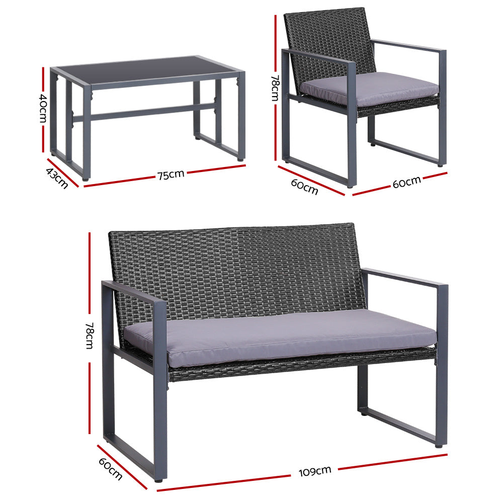 Gardeon 4 PCS Outdoor Sofa Set Rattan Furniture Glass Top Table Chairs Black-Outdoor Furniture Sets-PEROZ Accessories