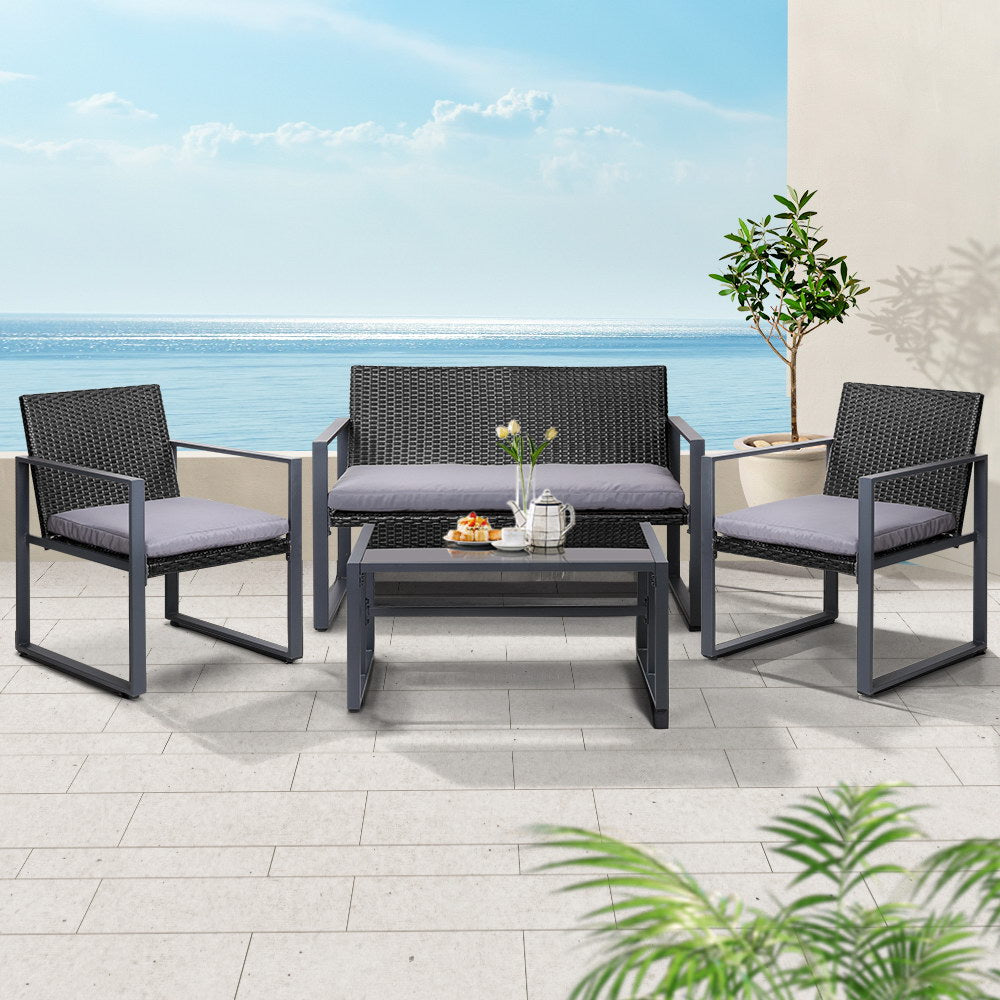 Gardeon 4 PCS Outdoor Sofa Set Rattan Furniture Glass Top Table Chairs Black-Outdoor Furniture Sets-PEROZ Accessories
