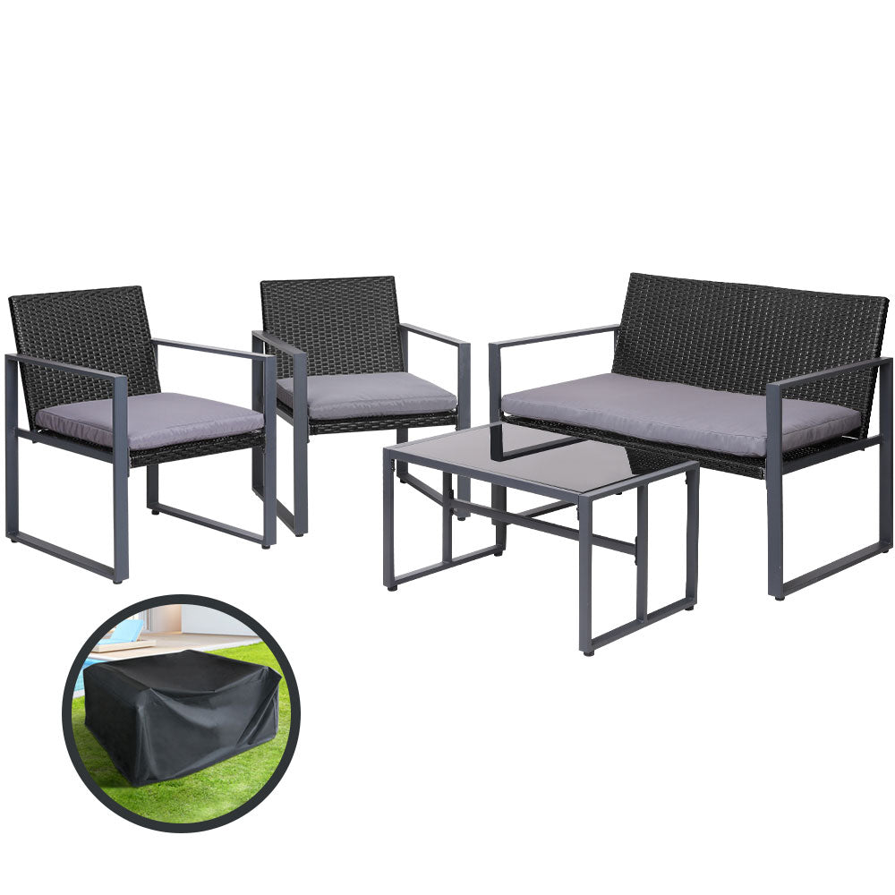 Gardeon 4 PCS Outdoor Sofa Set Rattan Furniture with Storage Cover Chairs Black-Outdoor Furniture Sets-PEROZ Accessories