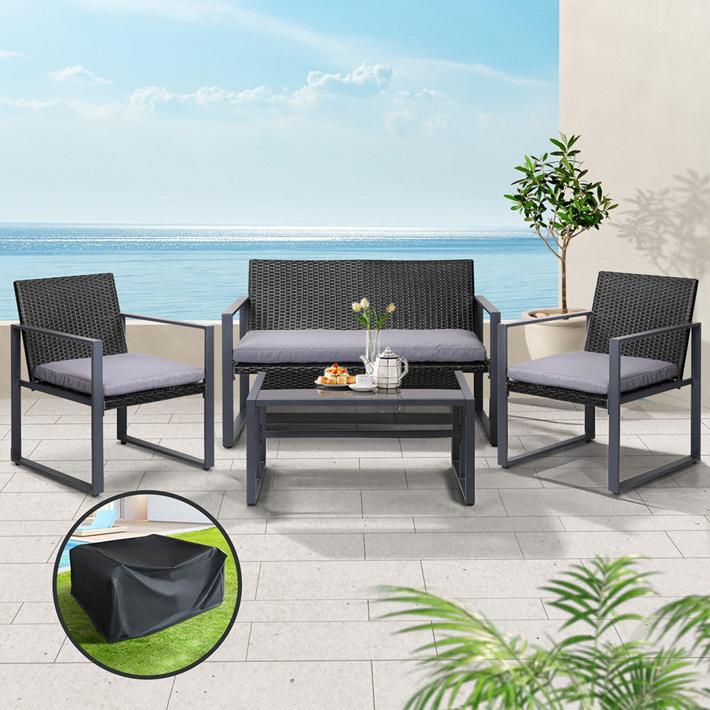 Gardeon 4 PCS Outdoor Sofa Set Rattan Furniture with Storage Cover Chairs Black-Outdoor Furniture Sets-PEROZ Accessories
