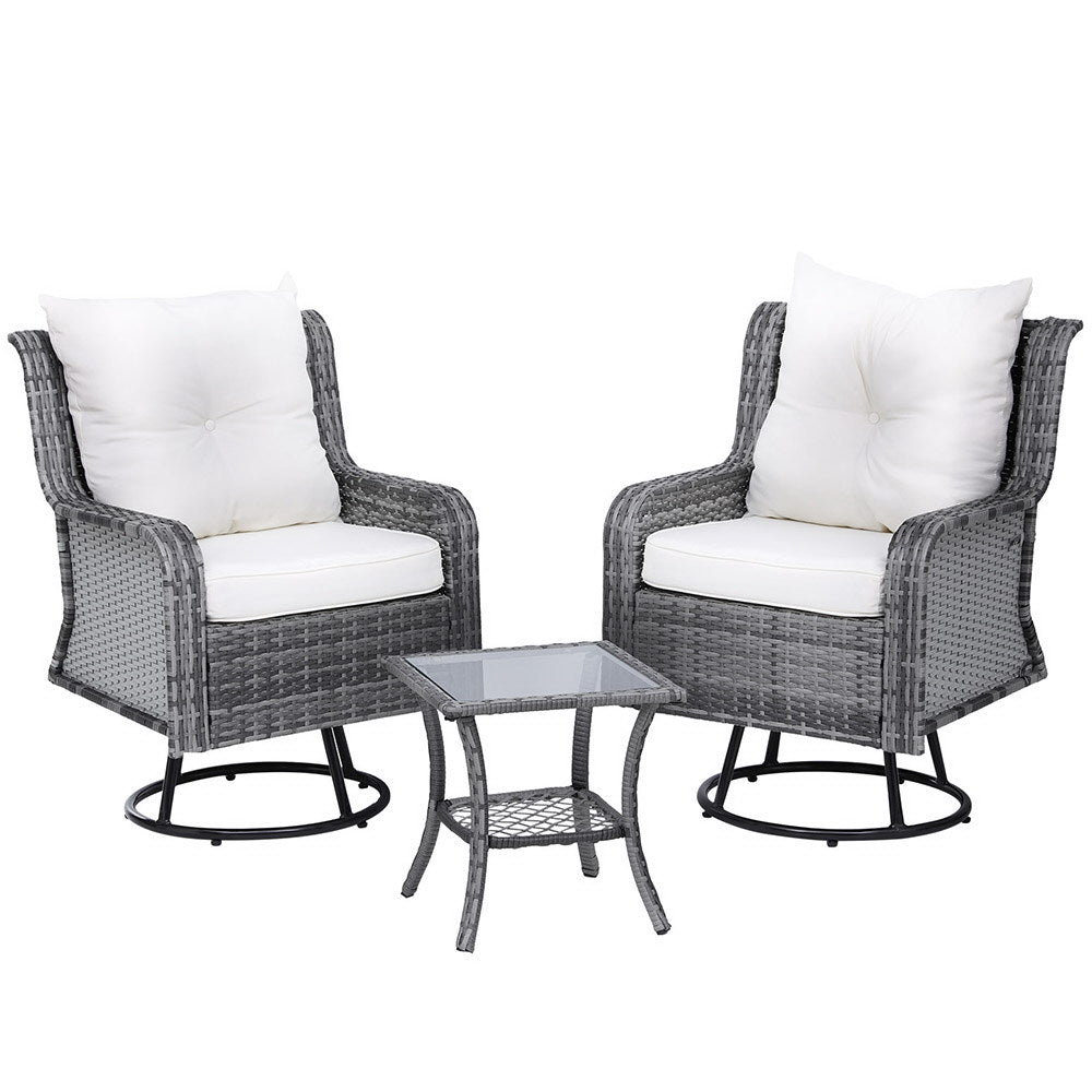 Gardeon 3PC Outdoor Furniture Bistro Set Lounge Wicker Swivel Chairs Table Cushion Grey-Furniture > Outdoor-PEROZ Accessories