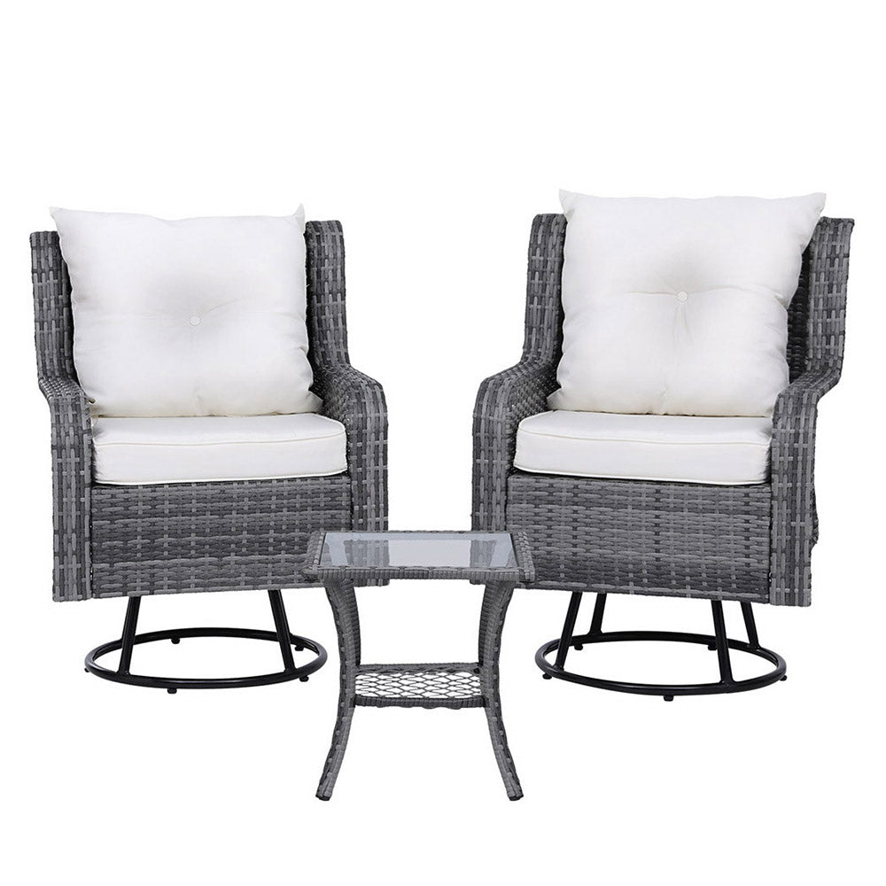 Gardeon 3PC Outdoor Furniture Bistro Set Lounge Wicker Swivel Chairs Table Cushion Grey-Furniture > Outdoor-PEROZ Accessories