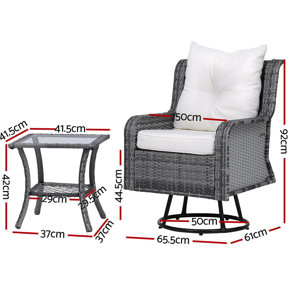 Gardeon 3PC Outdoor Furniture Bistro Set Lounge Wicker Swivel Chairs Table Cushion Grey-Furniture > Outdoor-PEROZ Accessories