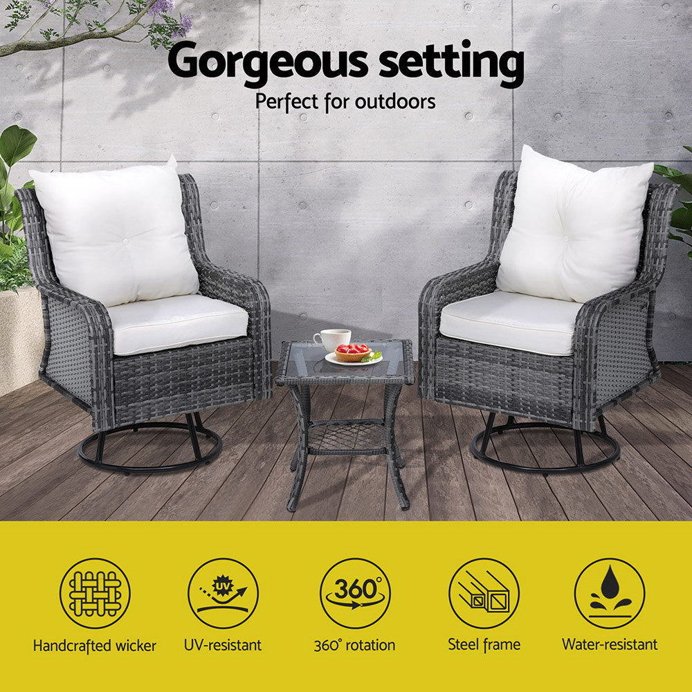 Gardeon 3PC Outdoor Furniture Bistro Set Lounge Wicker Swivel Chairs Table Cushion Grey-Furniture > Outdoor-PEROZ Accessories
