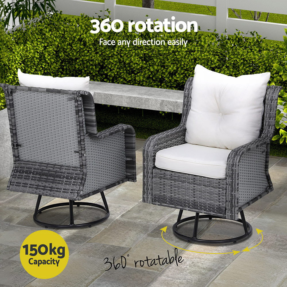 Gardeon 3PC Outdoor Furniture Bistro Set Lounge Wicker Swivel Chairs Table Cushion Grey-Furniture > Outdoor-PEROZ Accessories