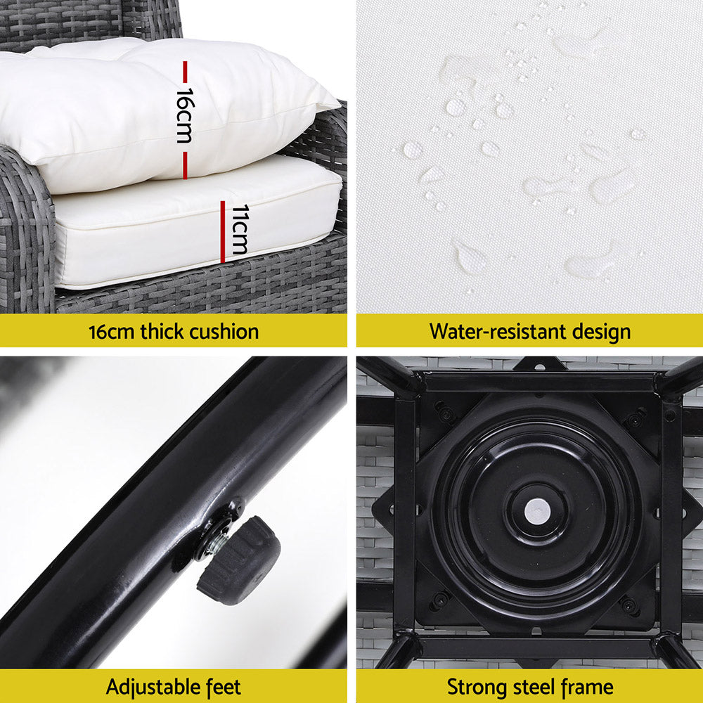 Gardeon 3PC Outdoor Furniture Bistro Set Lounge Wicker Swivel Chairs Table Cushion Grey-Furniture > Outdoor-PEROZ Accessories