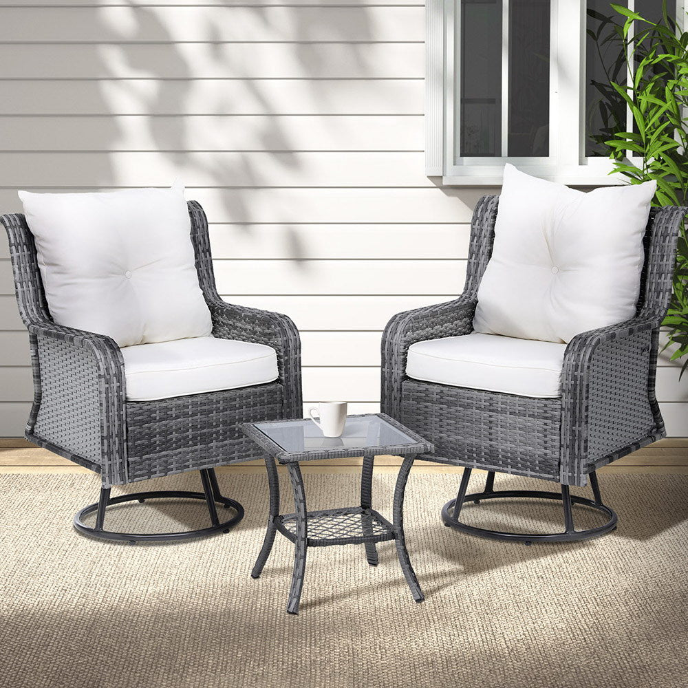Gardeon 3PC Outdoor Furniture Bistro Set Lounge Wicker Swivel Chairs Table Cushion Grey-Furniture > Outdoor-PEROZ Accessories