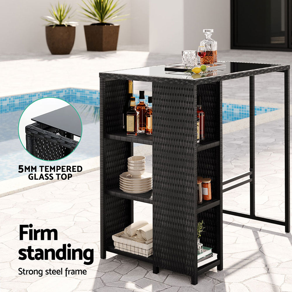 Gardeon Outdoor Bar Table Wicker Dining Bistro Glass Desk Steel Patio Furniture Black-Furniture > Bar Stools & Chairs > Table & Bar Stools-PEROZ Accessories