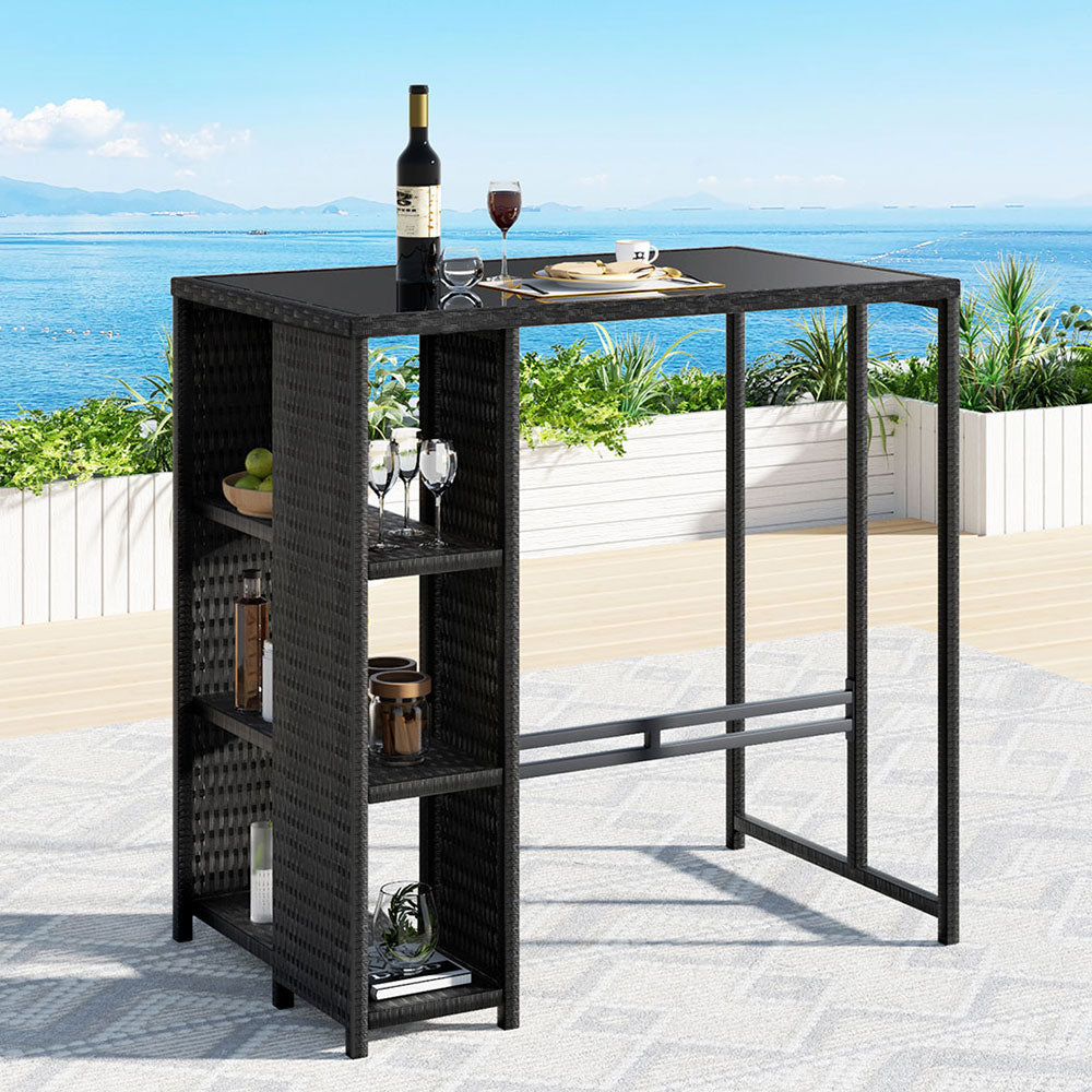 Gardeon Outdoor Bar Table Wicker Dining Bistro Glass Desk Steel Patio Furniture Black-Furniture > Bar Stools & Chairs > Table & Bar Stools-PEROZ Accessories