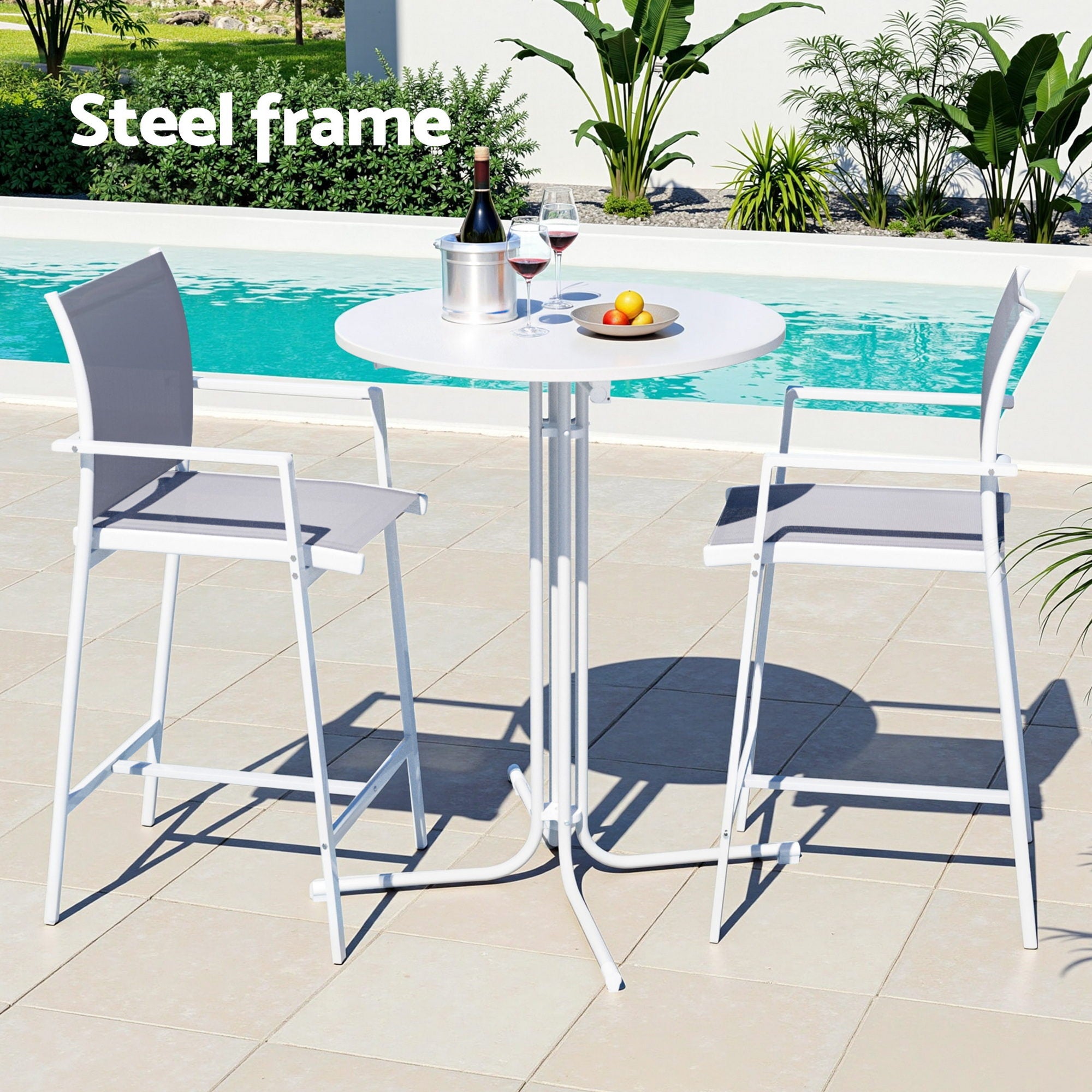 Gardeon 3PC Outdoor Bar Set Stools Dining Chairs Table Patio Furniture Bistro Set Steel White-Furniture > Bar Stools & Chairs > Table & Bar Stools-PEROZ Accessories
