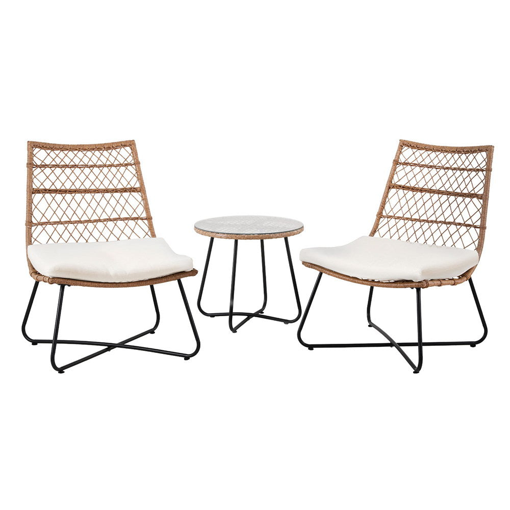 Gardeon 3PC Outdoor Setting Wicker Bistro Set Table Chairs Patio Furniture Brown-Furniture > Outdoor > Outdoor Benches-PEROZ Accessories