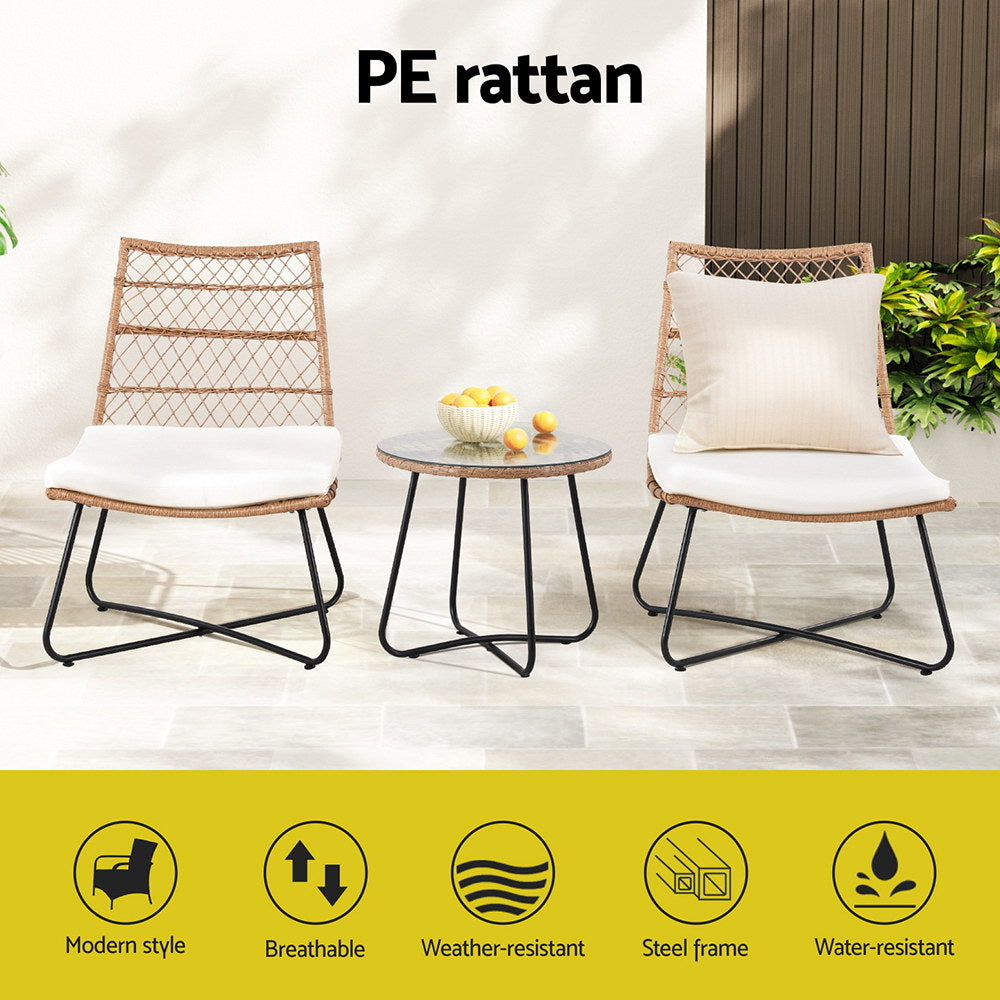 Gardeon 3PC Outdoor Setting Wicker Bistro Set Table Chairs Patio Furniture Brown-Furniture > Outdoor > Outdoor Benches-PEROZ Accessories