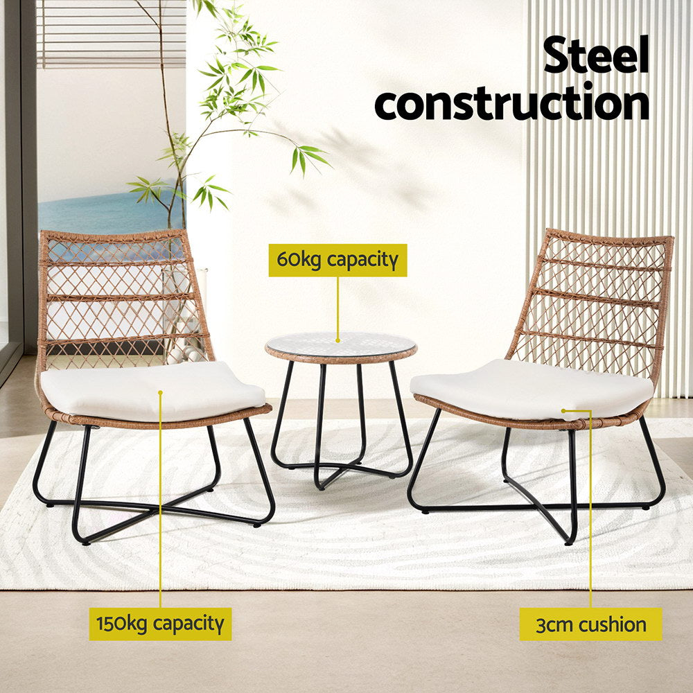 Gardeon 3PC Outdoor Setting Wicker Bistro Set Table Chairs Patio Furniture Brown-Furniture > Outdoor > Outdoor Benches-PEROZ Accessories