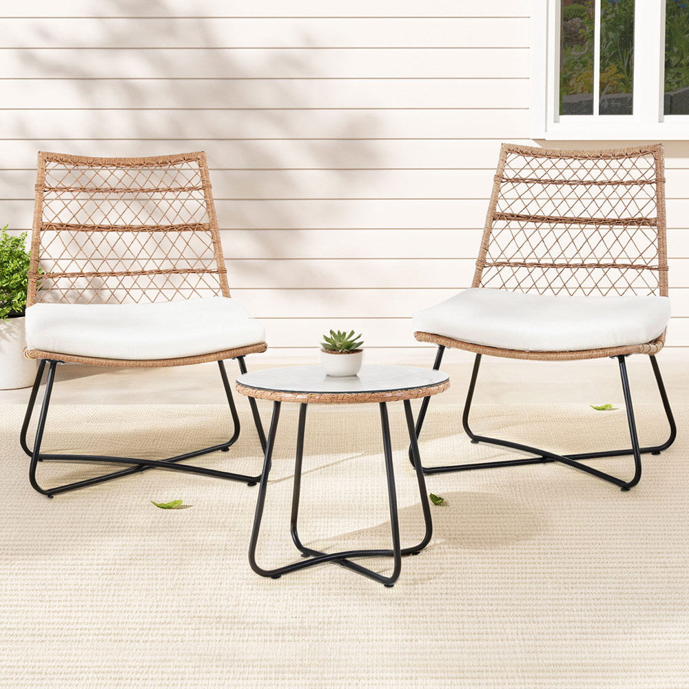 Gardeon 3PC Outdoor Setting Wicker Bistro Set Table Chairs Patio Furniture Brown-Furniture > Outdoor > Outdoor Benches-PEROZ Accessories