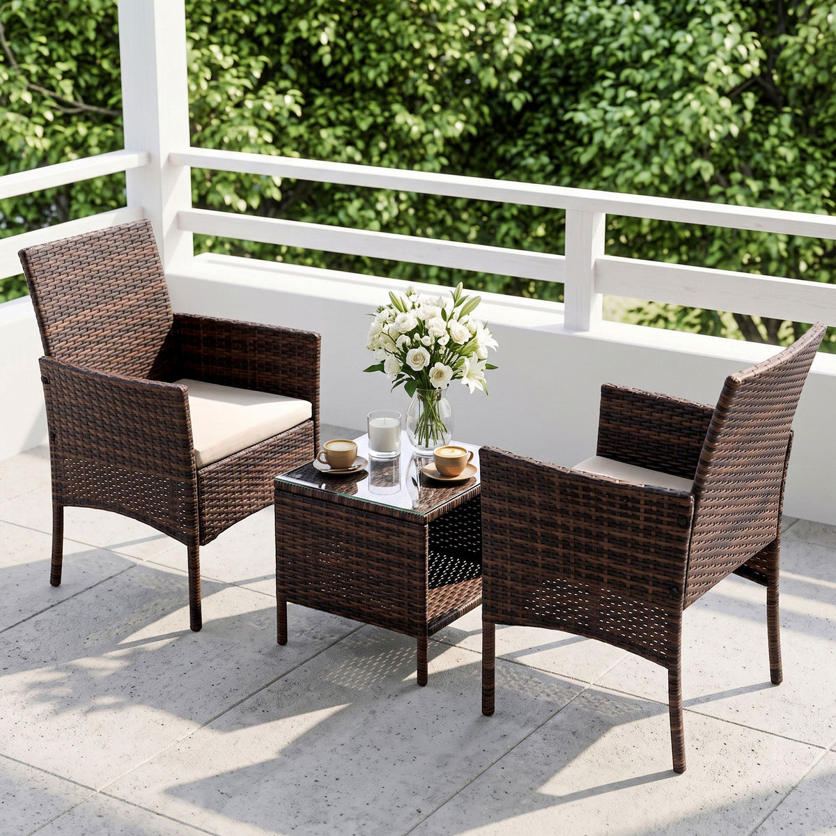 Gardeon 3PC Outdoor Bistro Set Patio Furniture Wicker Setting Chairs Table Cushion Brown-Outdoor Bistro Sets-PEROZ Accessories