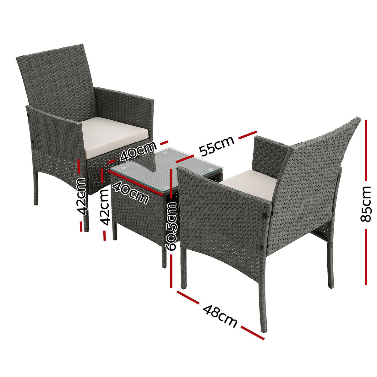 Gardeon 3PC Outdoor Bistro Set Patio Furniture Wicker Setting Chairs Table Cushion Grey-Outdoor Bistro Sets-PEROZ Accessories