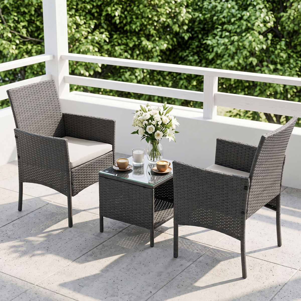 Gardeon 3PC Outdoor Bistro Set Patio Furniture Wicker Setting Chairs Table Cushion Grey-Outdoor Bistro Sets-PEROZ Accessories