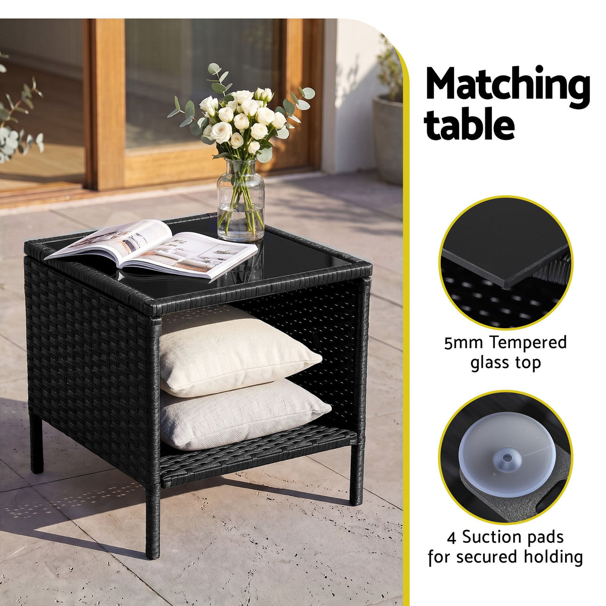 Gardeon 3PC Outdoor Bistro Set Patio Furniture Wicker Chairs Table Cushion All Black-Outdoor Bistro Sets-PEROZ Accessories