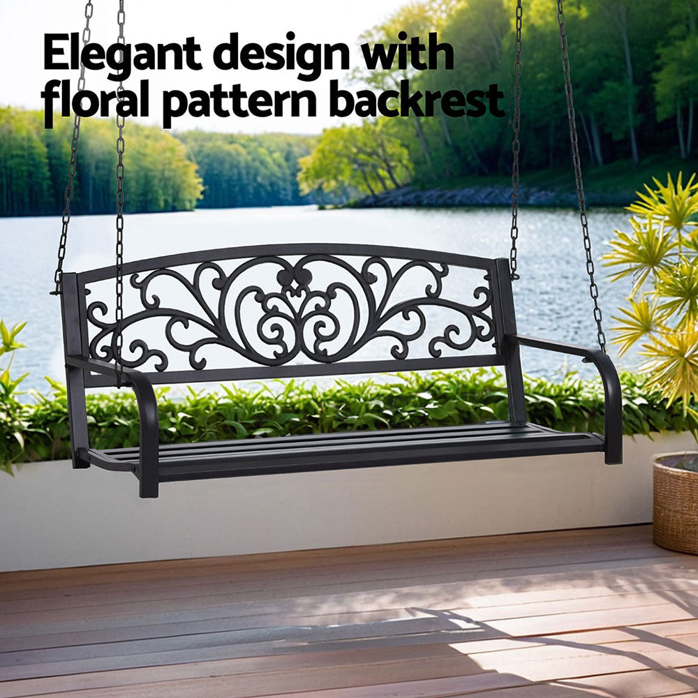 Gardeon Outdoor Porch Swing Chair Patio Furniture Floral Backrest 2 Seater Black-Furniture > Outdoor > Outdoor Benches-PEROZ Accessories