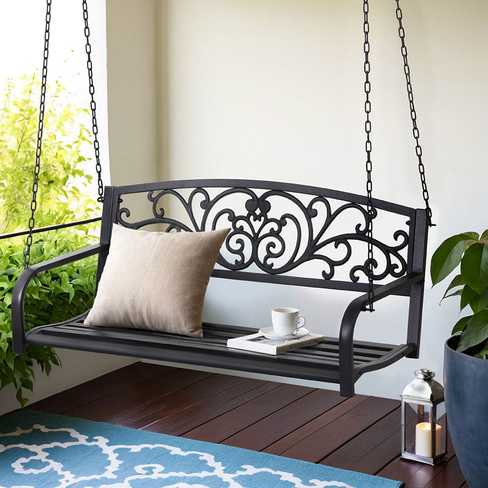 Gardeon Outdoor Porch Swing Chair Patio Furniture Floral Backrest 2 Seater Black-Furniture > Outdoor > Outdoor Benches-PEROZ Accessories