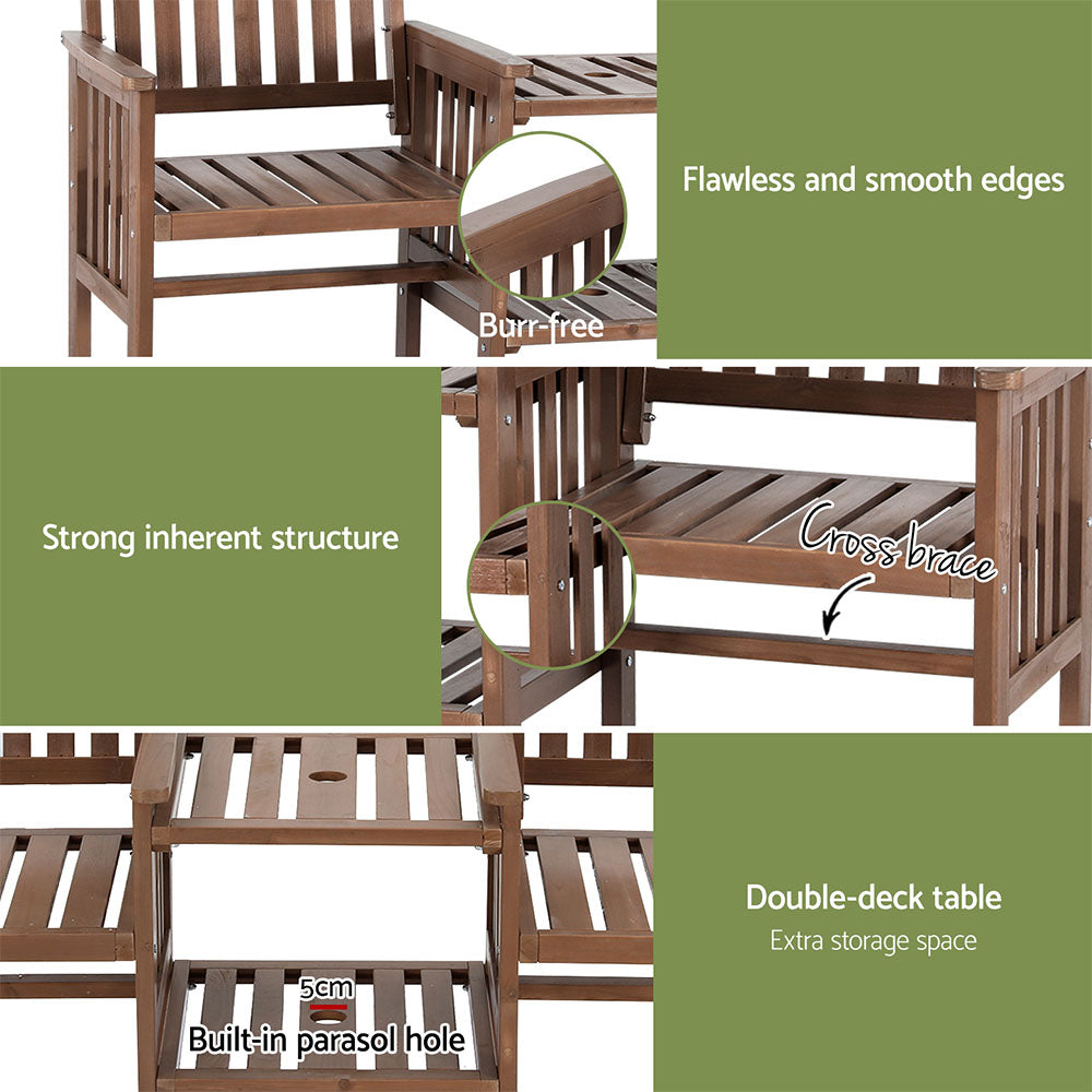 Gardeon Outdoor Garden Bench Loveseat Wooden Table Chairs Patio Furniture Brown-Outdoor Benches-PEROZ Accessories