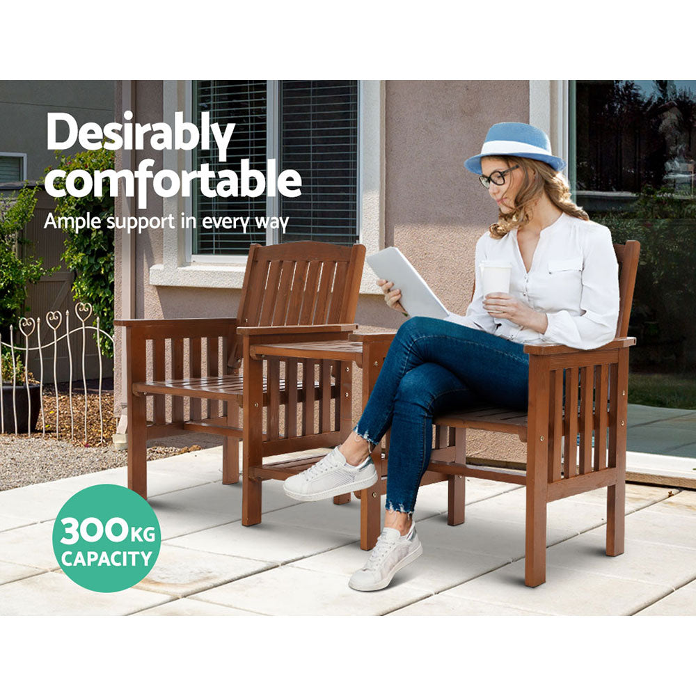 Gardeon Outdoor Garden Bench Loveseat Wooden Table Chairs Patio Furniture Brown-Outdoor Benches-PEROZ Accessories