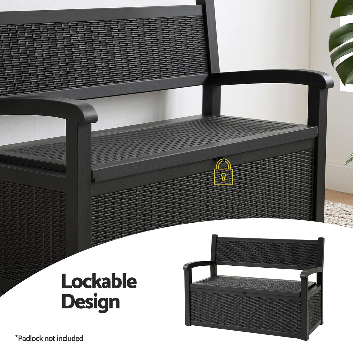 Gardeon Outdoor Storage Box Bench 254L Resin Armset Backrest Lockable Black-Furniture > Outdoor > Outdoor Benches-PEROZ Accessories