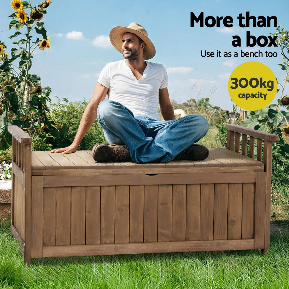 Gardeon Outdoor Storage Bench Box Wooden Garden Toy Tool Sheds Patio Furniture Brown-Outdoor Storage Boxes-PEROZ Accessories