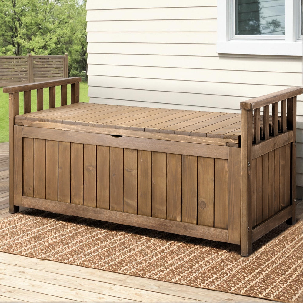 Gardeon Outdoor Storage Bench Box Wooden Garden Toy Tool Sheds Patio Furniture Brown-Outdoor Storage Boxes-PEROZ Accessories