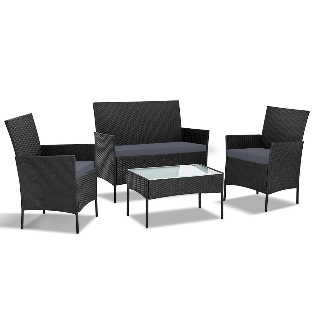 Gardeon 4 Seater Outdoor Sofa Set Wicker Setting Table Chair Furniture Black-Outdoor Dining Sets-PEROZ Accessories