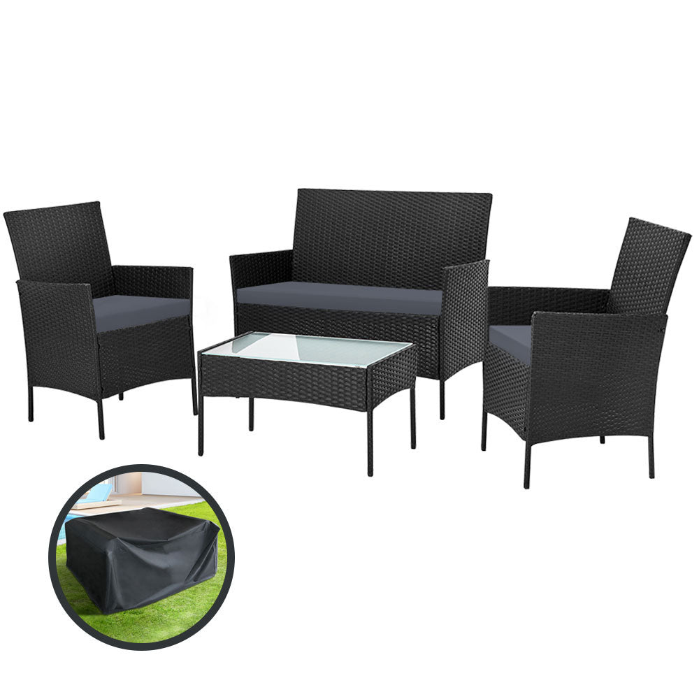 Gardeon 4 Seater Outdoor Sofa Set with Storage Cover Wicker Table Chair Black-Outdoor Sofa Sets-PEROZ Accessories