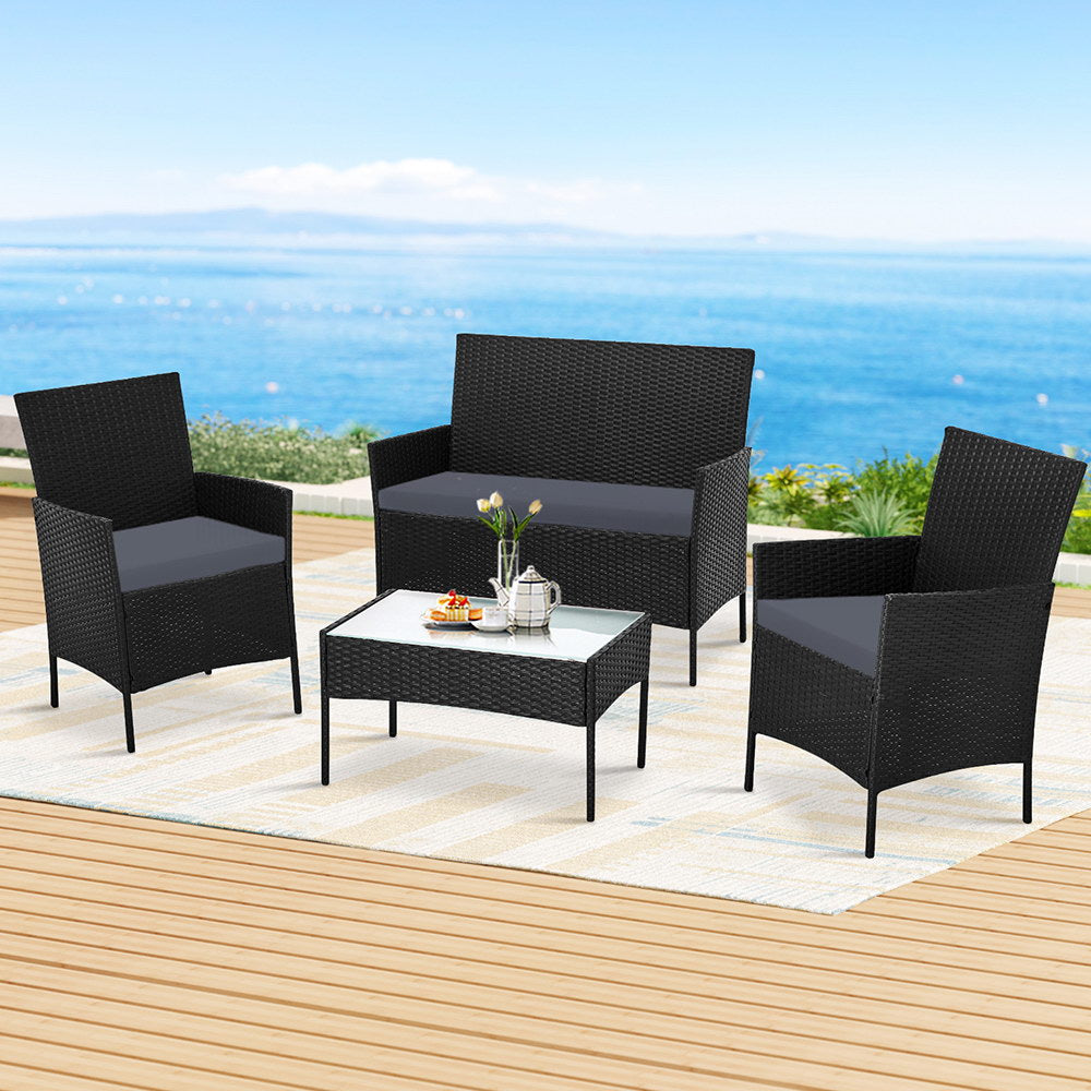 Gardeon 4 Seater Outdoor Sofa Set Wicker Setting Table Chair Furniture Dark Grey-Outdoor Dining Sets-PEROZ Accessories