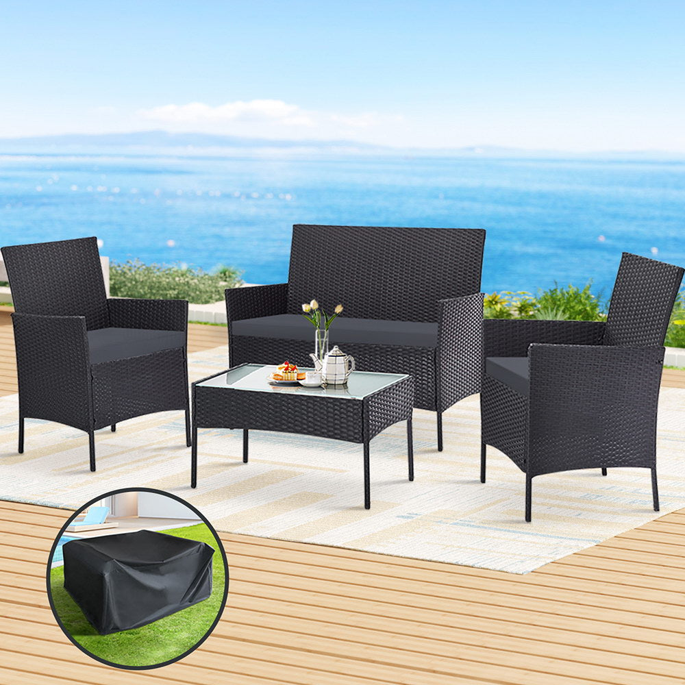 Gardeon 4 Seater Outdoor Sofa Set with Storage Cover Wicker Table Chair DarkGrey-Outdoor Sofa Sets-PEROZ Accessories