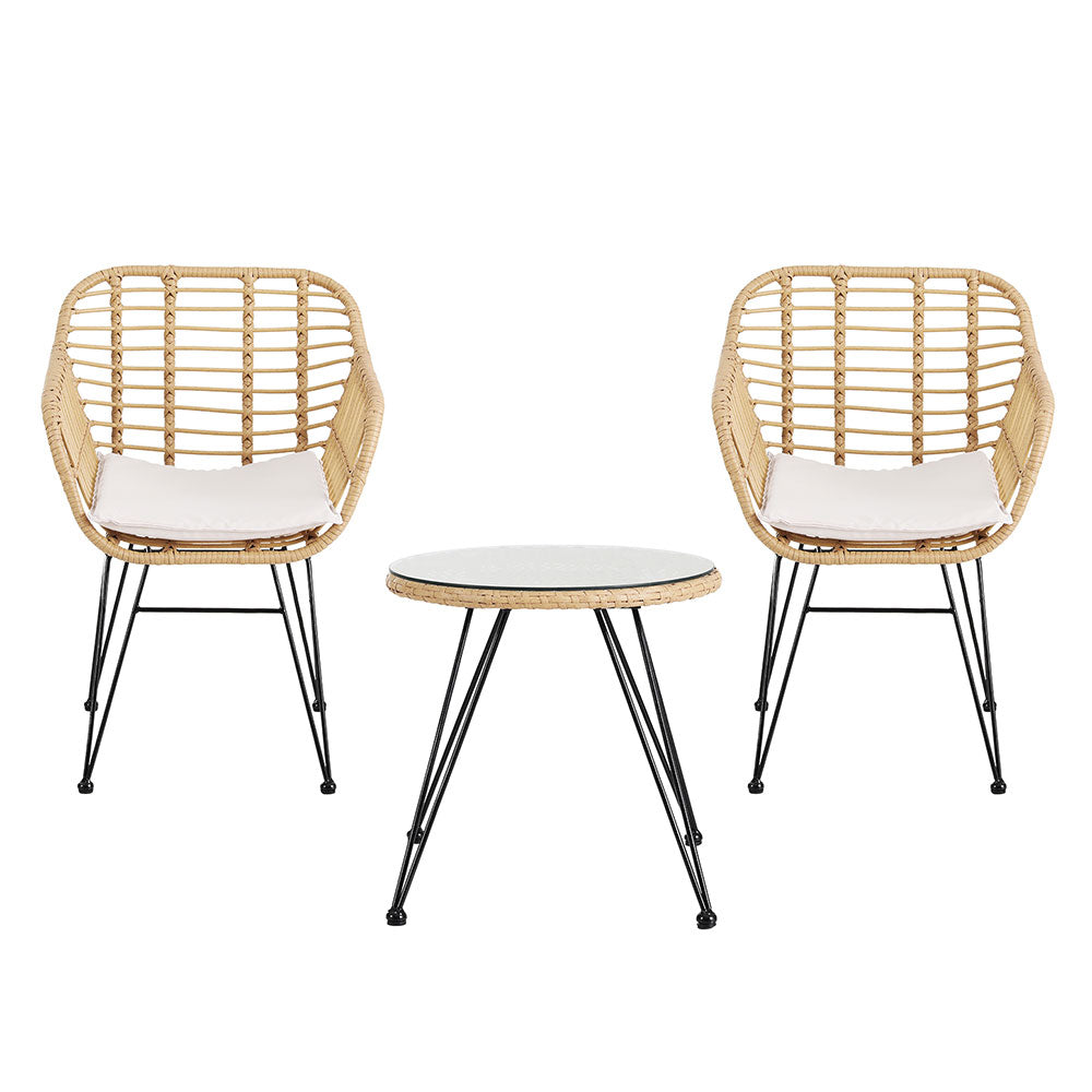 Gardeon 3PC Outdoor Furniture Bistro Set Lounge Setting Table Chairs Cushion Patio Grey-Furniture > Outdoor-PEROZ Accessories