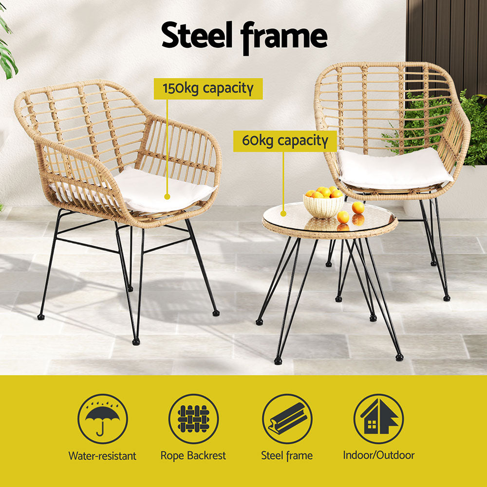 Gardeon 3PC Outdoor Furniture Bistro Set Lounge Setting Table Chairs Cushion Patio Grey-Furniture > Outdoor-PEROZ Accessories