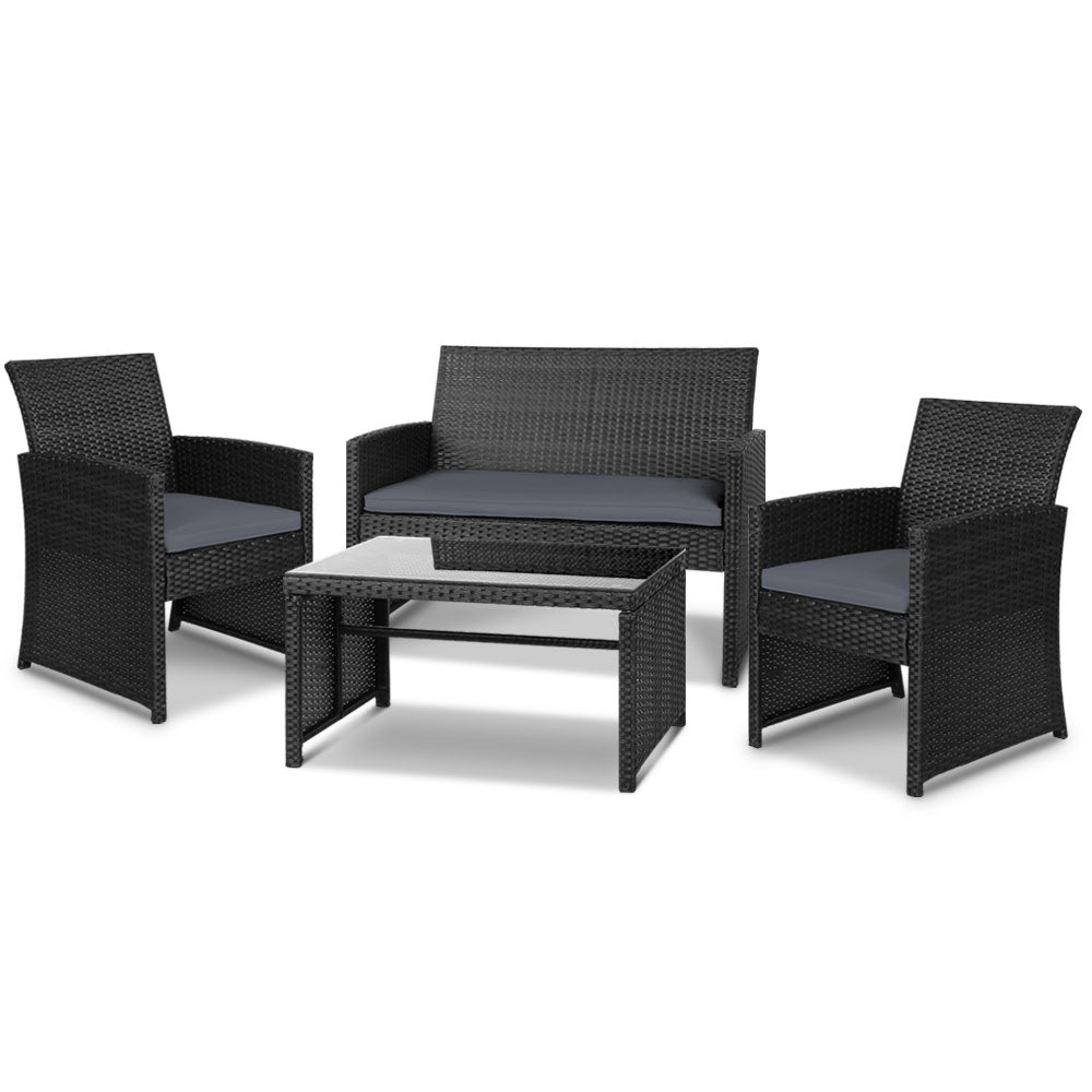 Gardeon 4 PCS Outdoor Sofa Set Rattan Chair Table Setting Garden Furniture Black-Outdoor Furniture Sets-PEROZ Accessories