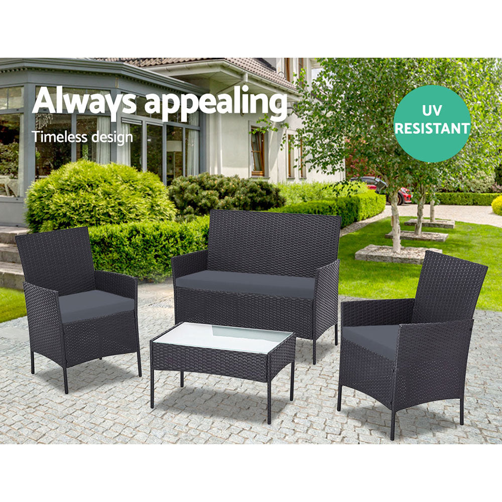 Gardeon 4 PCS Outdoor Sofa Set Rattan Chair Table Setting Garden Furniture Black-Outdoor Furniture Sets-PEROZ Accessories