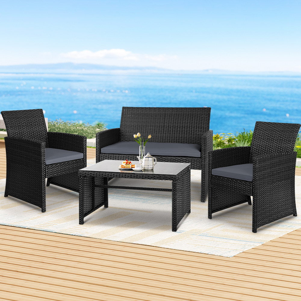 Gardeon 4 PCS Outdoor Sofa Set Rattan Chair Table Setting Garden Furniture Black-Outdoor Furniture Sets-PEROZ Accessories