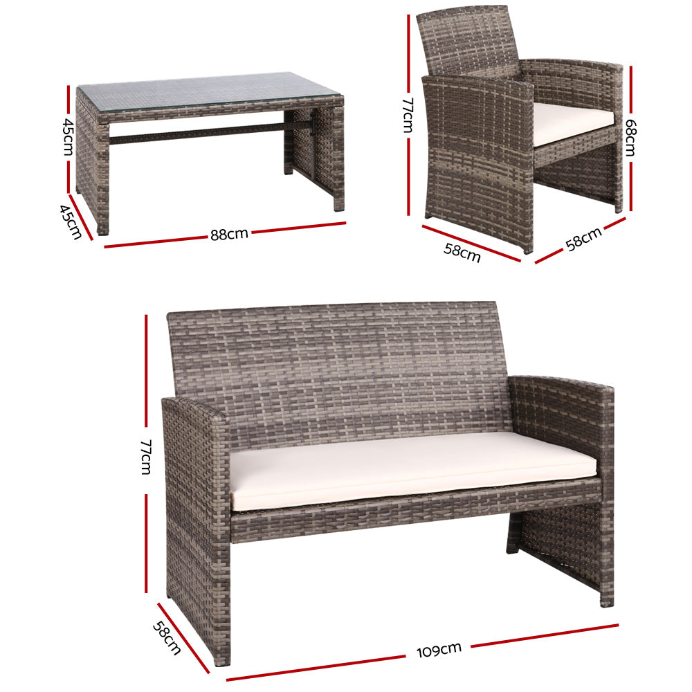 Gardeon 4 PCS Outdoor Sofa Set Rattan Chair Table Setting Garden Furniture Grey-Outdoor Furniture Sets-PEROZ Accessories