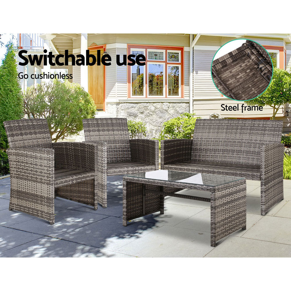 Gardeon 4 PCS Outdoor Sofa Set Rattan Chair Table Setting Garden Furniture Grey-Outdoor Furniture Sets-PEROZ Accessories
