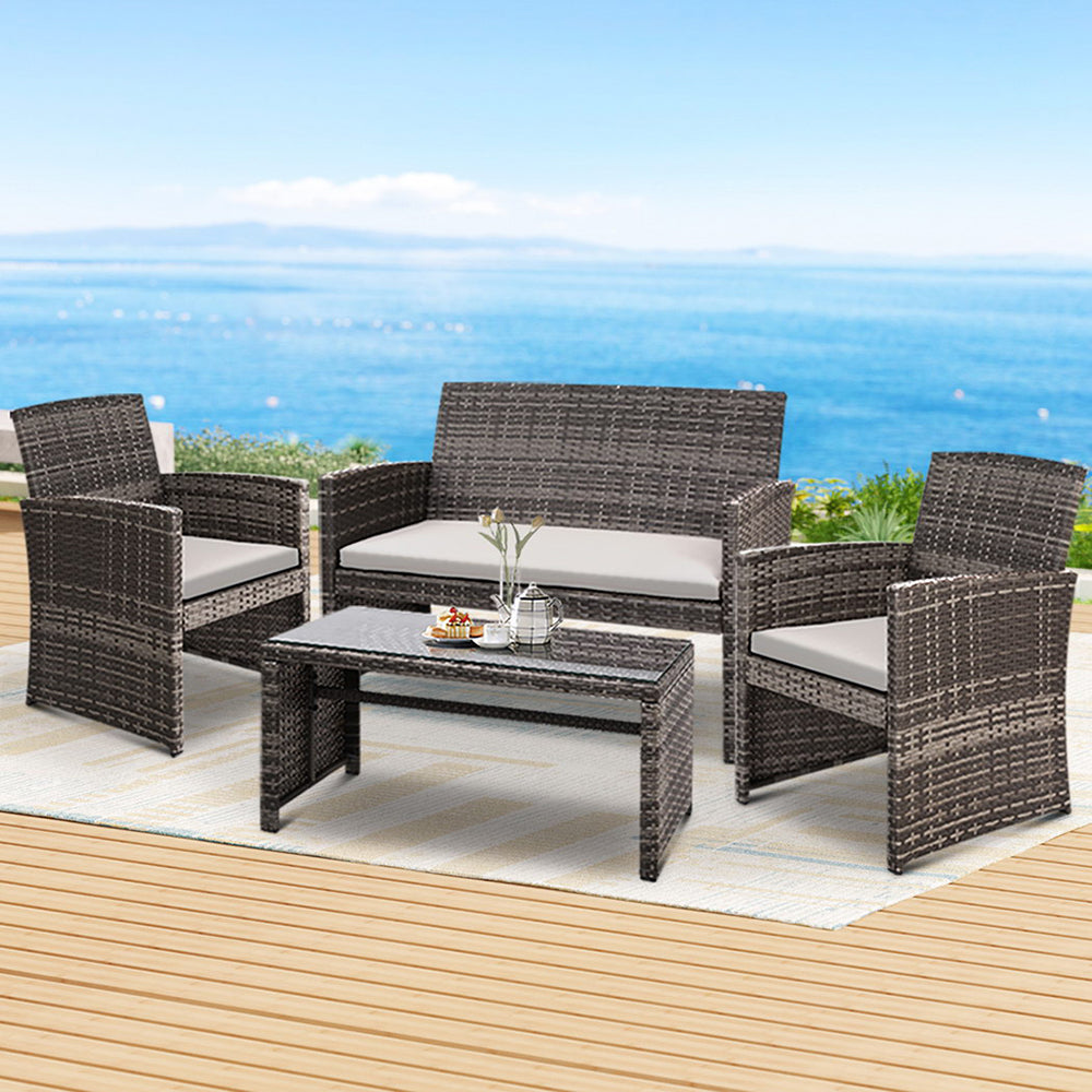 Gardeon 4 PCS Outdoor Sofa Set Rattan Chair Table Setting Garden Furniture Grey-Outdoor Furniture Sets-PEROZ Accessories